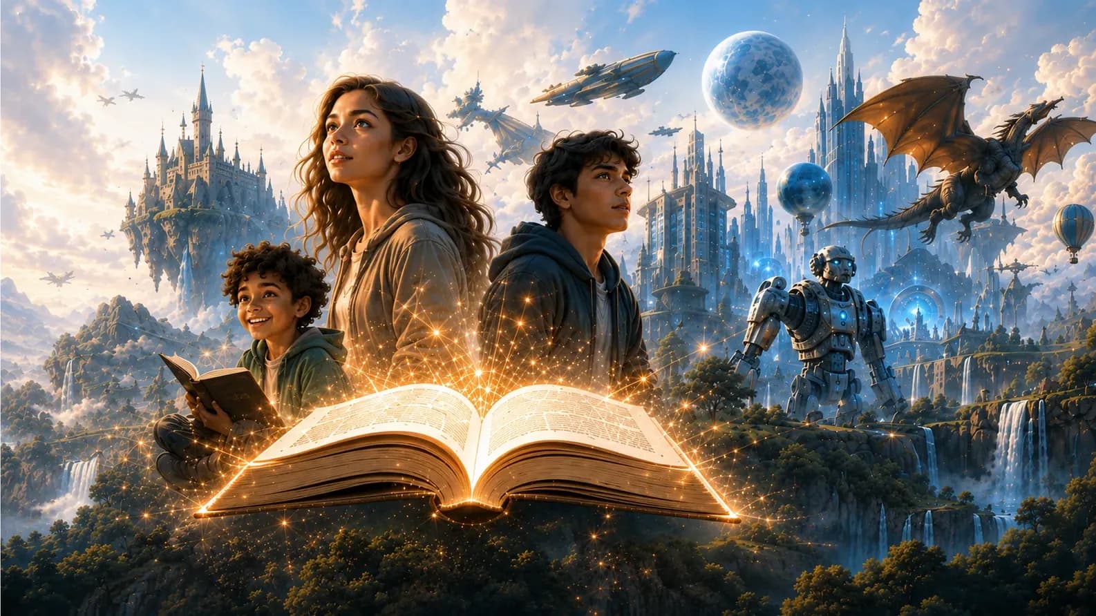 A mother and two boys looking up from a glowing open book, surrounded by a floating castle, a future city and a dragon